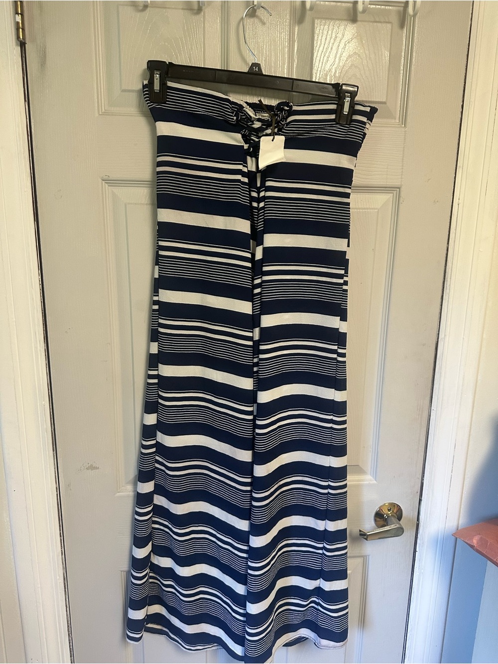 Green Envelope Navy and White Striped Tie-Waist Skirt